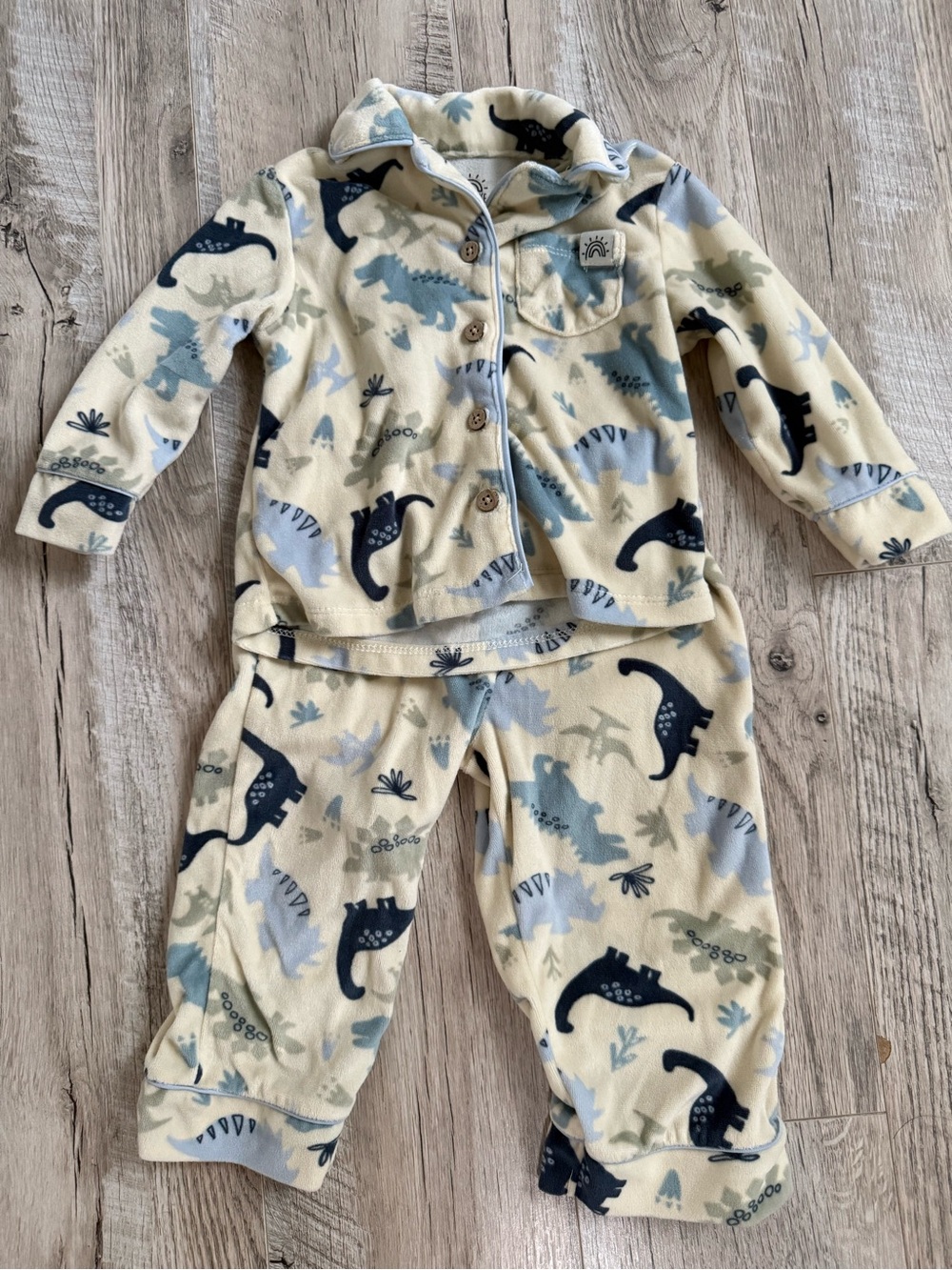 Cream & Blue Dinosaur Fleece Kids Pajama Set